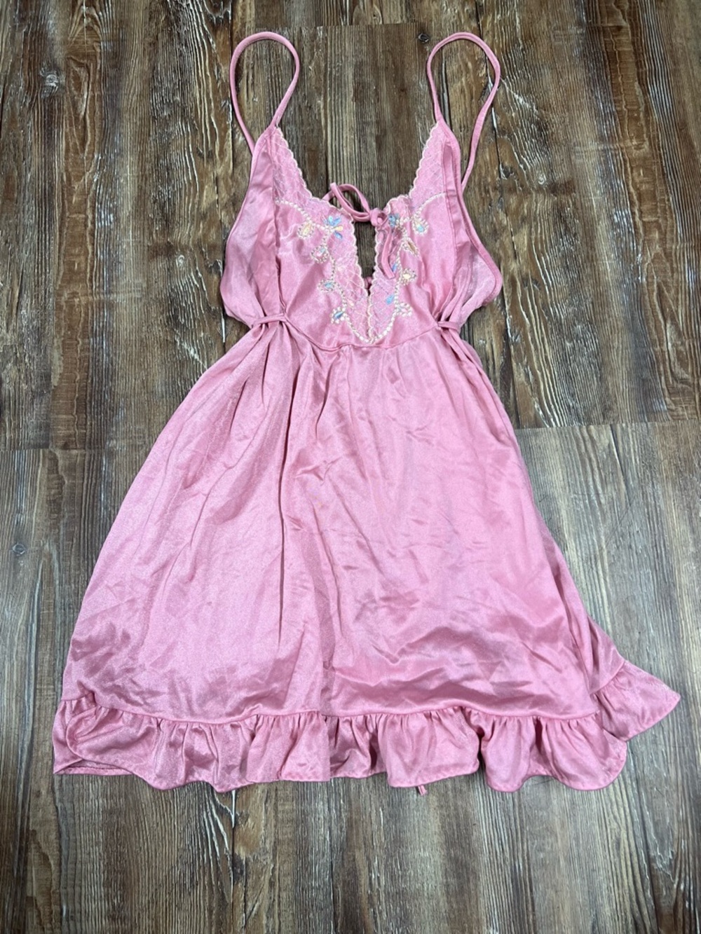 Vintage Pink fairy core satin top with floral embroidery and tie back